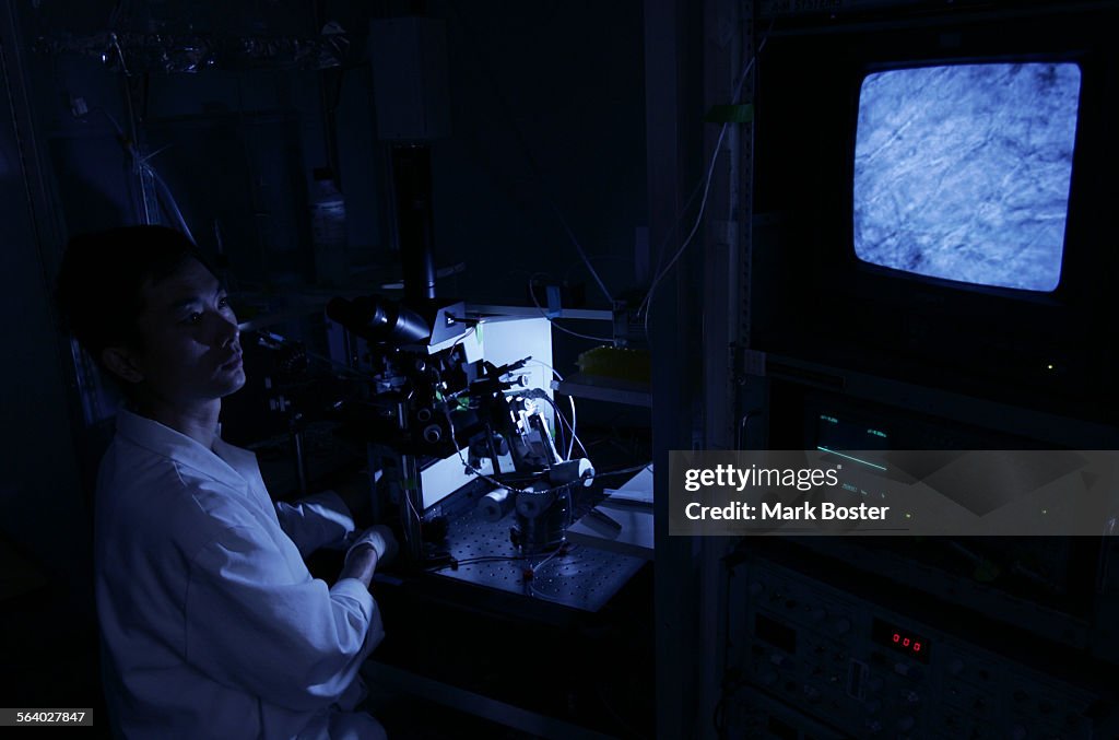 (Irvine)–Research Associate Bin Lin studies a single neuron using a whole cell clamp rig that resem