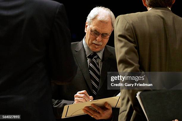 Laker head coach Phil Jackson during a timeout against the Seattle Supersonics Sunday, Apr. 15, 2007 at Staples Center.