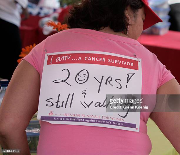 Wilda Castelo, of Monterey Park, sports a sign that tells of her survival for 20 years. She had just completed the 5k walk at the Entertainment...