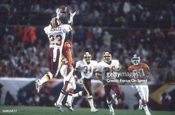 Todd Bowles, cornerback of the Washington Redskins breaks up a pass to Denver Broncos' Ricky Nattiel during Super Bowl XXII on January 31, 1988 in...