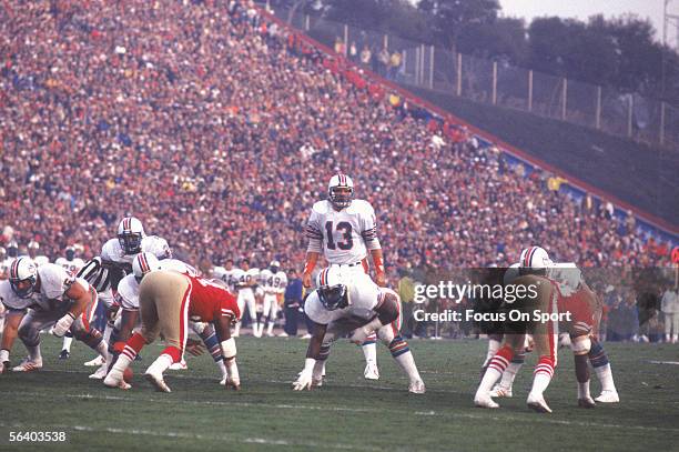 Quarterback Dan Marino of the Miami Dolphins yells the commands before the snap during Super Bowl XIX against the San Francisco 49ers at Stanford...