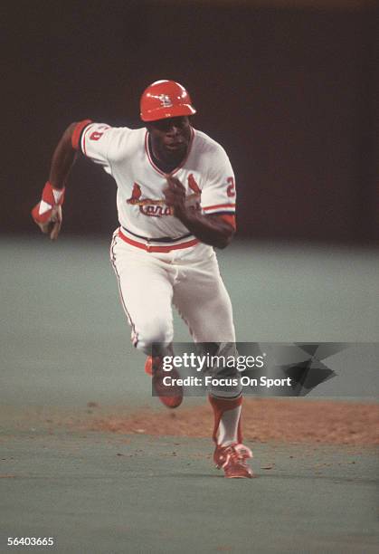 Lou Brock of the St. Louis Cardinals runs the bases during a game at Busch Stadium circa the 1970's in St. Louis, Missouri.