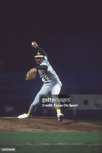 Dennis Eckersley of the Oakland Athletics pitches against the Los Angeles Dodgers during the World Series at Dodger Stadium in October of 1988 in Los...
