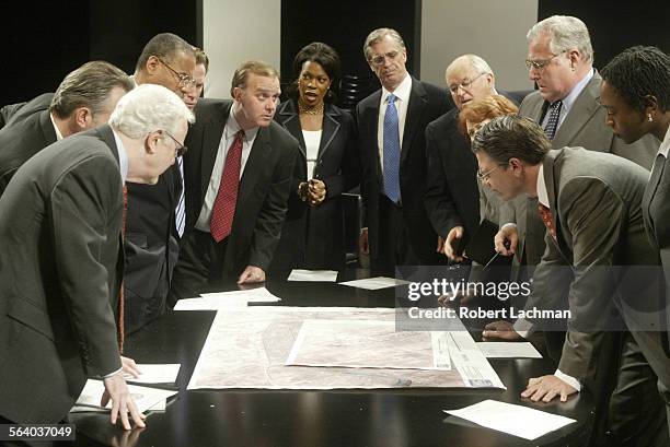 Scene from the play Stuff Happens at the Mark Taper Forum:L to R: John Rafter Lee , James Handy , Tyrees Allen , Stephen Spinella , Paul Messinger ,...