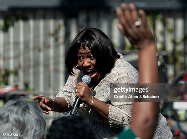 Sherry Pruitt, lead singer of the Terraplane Project interacts with the crowd at a concert celebrating black history month at Central Avenue Jazz...