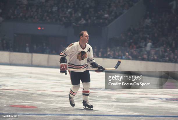 Bobby Hull of the Chicago Black Hawks skates during a game at Chicago Stadium circa 1968 in Chicago, Illinois.