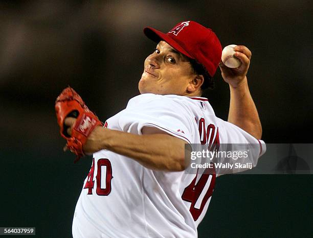 Angels of Anaheim starting pitcher Bartolo Colon takes aim on the Chicago White Sox Tuesday May 24, 2005 at Angel Stadium.