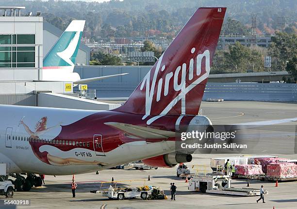 The tail section of a Virgin Atlantic 747 is seen on the tarmac at San Francisco International Airport December 9, 2005 in San Francisco. Virgin...