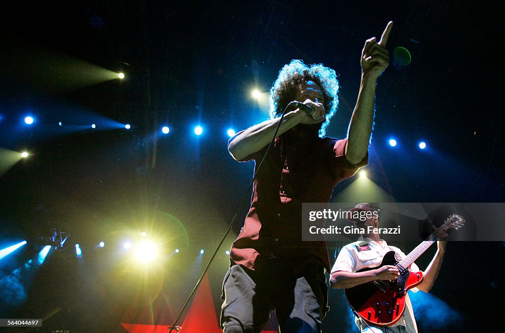 Vocalist Zack de la Rocha and guitarist Tom Morello perform with their band Rage Against The Machin