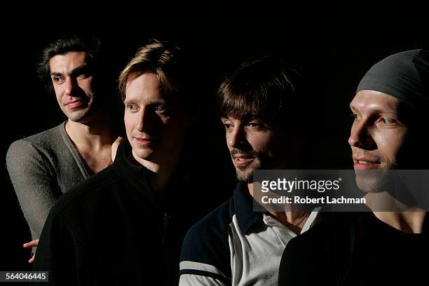 Dancers Nikolay Tsiskaridze, Ethan Stiefel, Angel Corella, and Johan Kobborg, are photographed in a rehearsal room where they are practicing for...