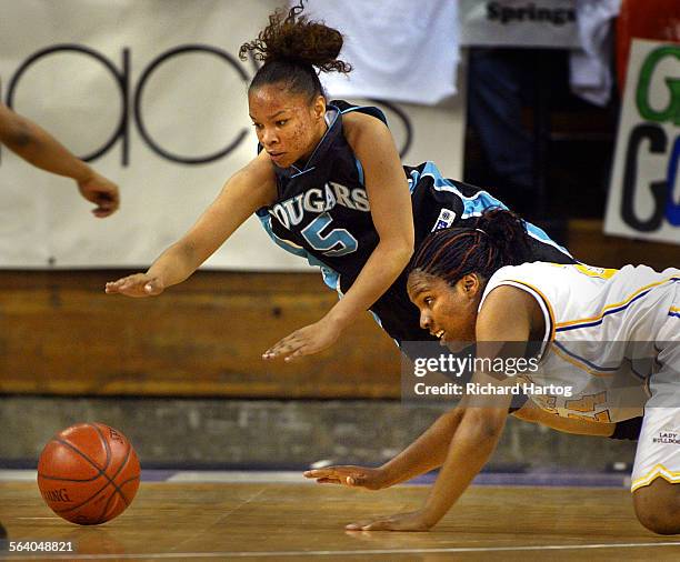 Canyon Springs' Ebony Ward, top, gets horizontal while diving for the ball as she battles Oakland Tech's Marreesha Lynch during first quarter of the...