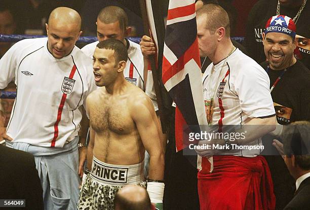 Naseem Hamed of Great Britain enters the ring before the IBO Featherweight Championship of the World fight against Manuel Calvo of Spain at the...