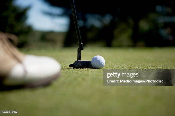 close-up of a young man standing beside a golf club and a golf ball - golf shoe stock pictures, royalty-free photos & images