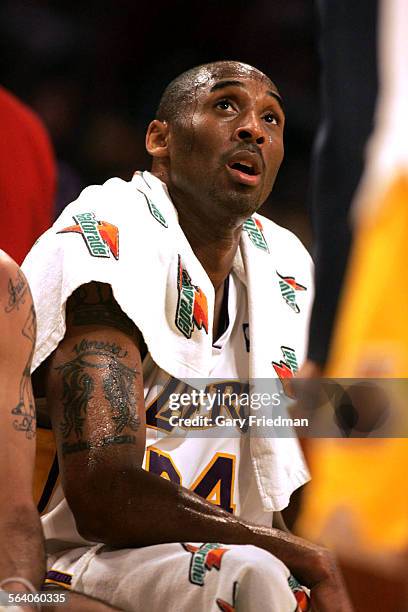 Sweating Laker Kobe Bryant sits on the bench during the second half in a Laker win over the Seattle Supersonics, 10998, Sunday, Apr. 15, 2007 at...