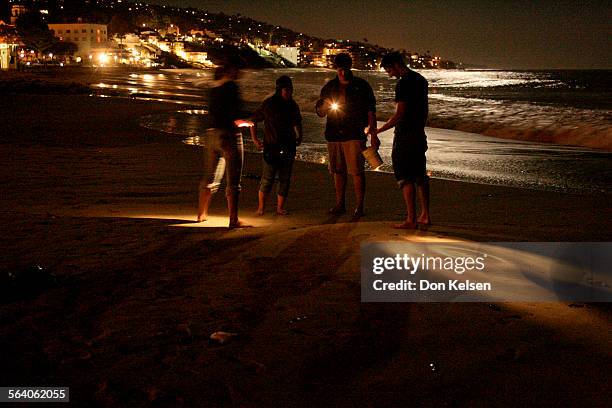   Caitlyn Guthrie, Sonya Fung, Max Kowat and Casey Williams with plastic buckets, flashlights and garden trowels on Laguna's Main Beach after a...