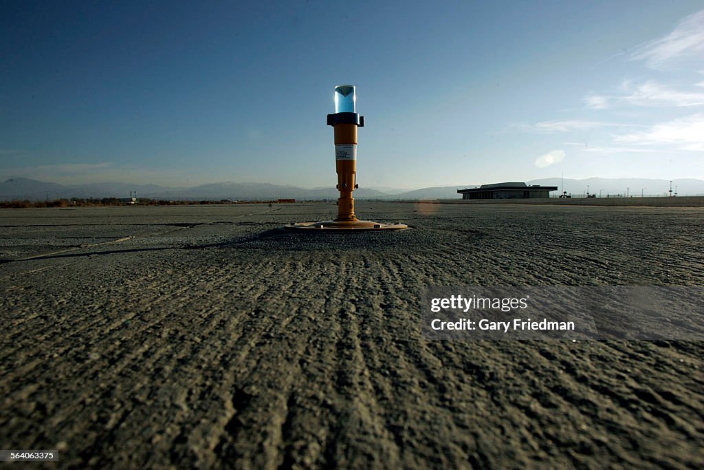 A taxiway border light on the taxiway at the L.A./Palmdale Regional Airport, located at 41000 N. 20