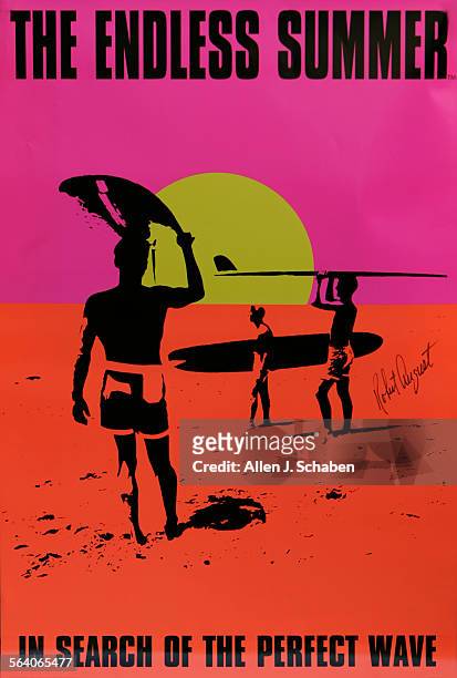 Copy photo of The Endless Summer poster autographed by Robert August. Robert August, of Huntington Beach, was costar of the iconic surfing movie,...
