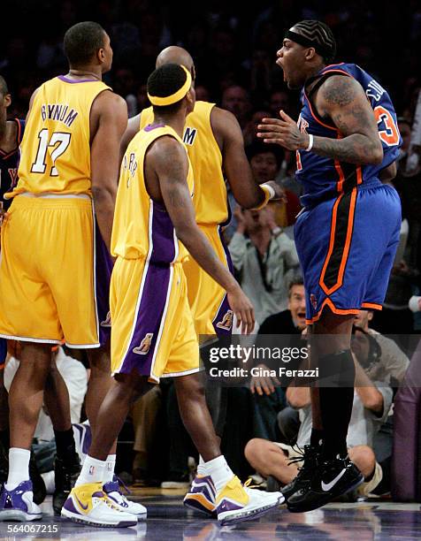 New York Knicks Eddy Curry reacts after scoring the winning basket with less than 10 seconds to go in the game beating the Lakers in a nail biter...