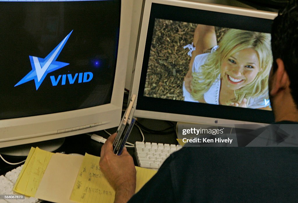 Photo of an editor working on the next Debbie does Dallas Again video at Vivid headquarters in Univ