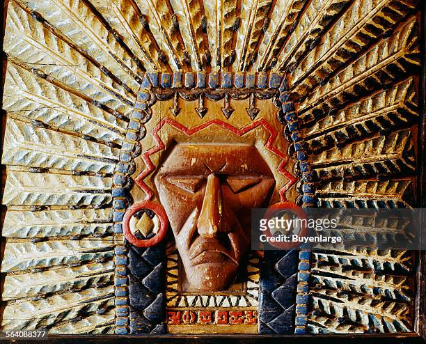 Carved warrior indian wood art, Timberline Lodge, Mt. Hood, Oregon