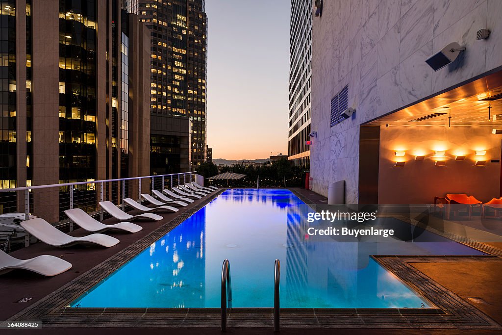Dusk shot of the rooftop pool at the Standard Hotel in downtown Los Angeles, California