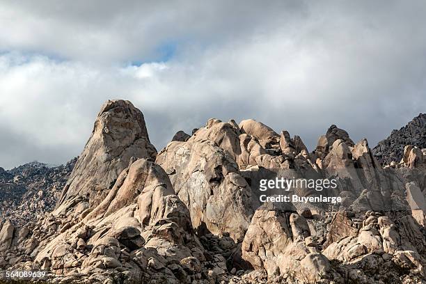 Close-up view of jagged rock formations at the pinnacle of Castle Crags State Park, in Shasta-Trinity National Forest south of Dunsmuir, California
