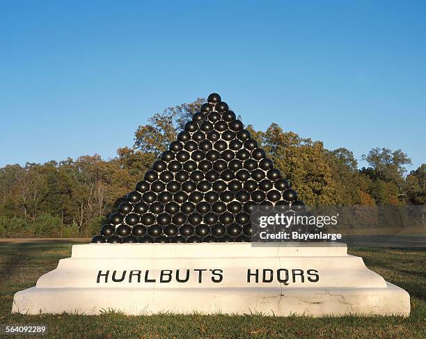 One of several cannonball monuments marking campites at Shiloh National Military Park, Tennessee