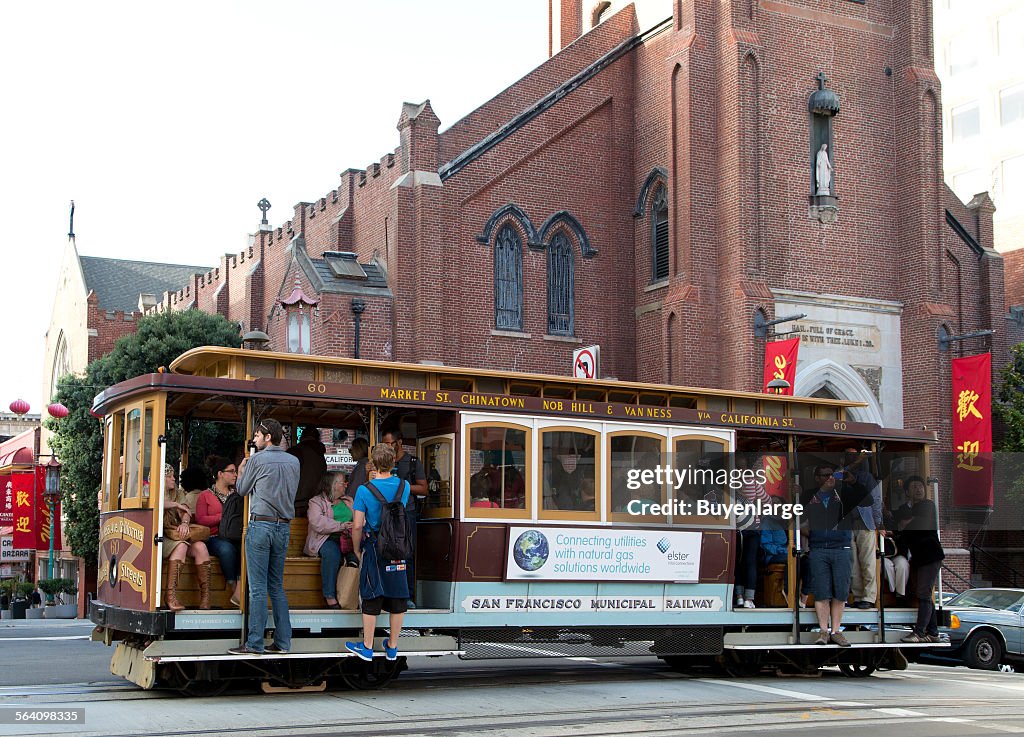 Cable car in historic Chinatown in San Francisco, California