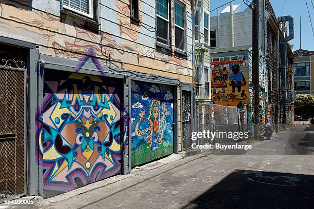 Two murals: mural on right is Keepin; the Faith by Isis Rodriguez, Clarion Alley, Mission District, San Francisco, California