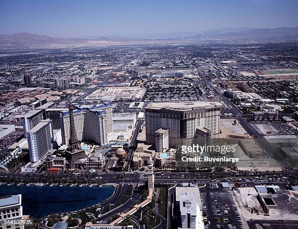 Aerial view of Las Vegas, Nevada, with a focus on Las Vegas Strip casinos, including the Paris Las Vegas half-scale replica of the Eiffel Tower