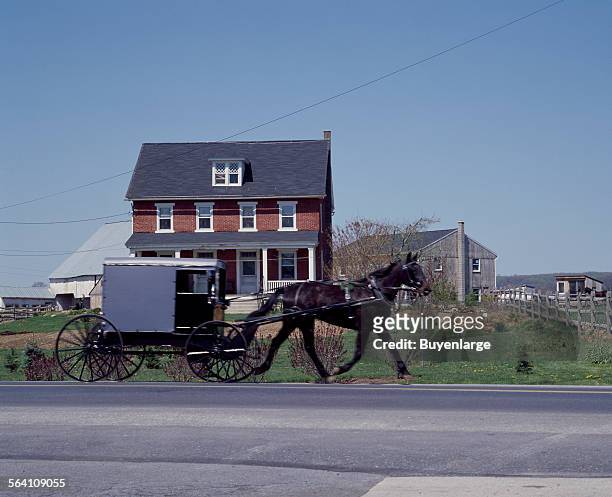 Horse and buggy on the road in Amish Country, Lancaster County, Pennsylvania