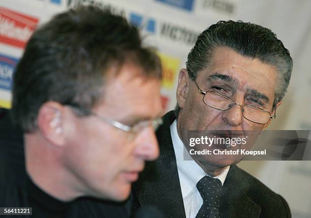 Manager Rudi Assauer of Schalke looks to head coach Ralf Rangnick during the press conference after the Bundesliga match between Schalke 04 and FSV...