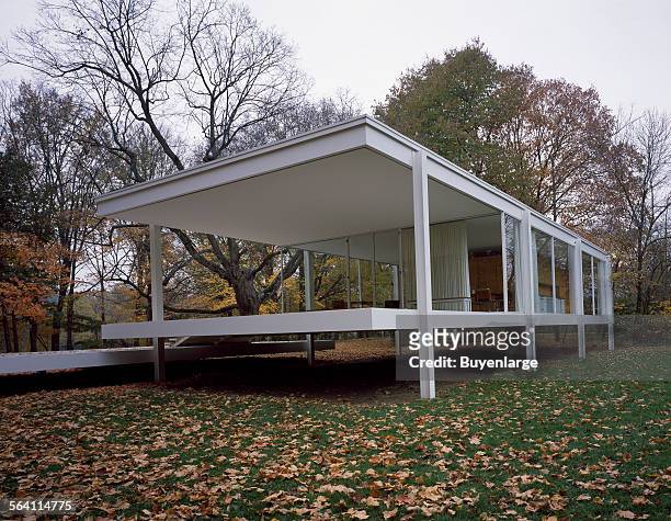 View of architect Mies van der Rohe classic modernist Farnsworth House, Plano, Illinois