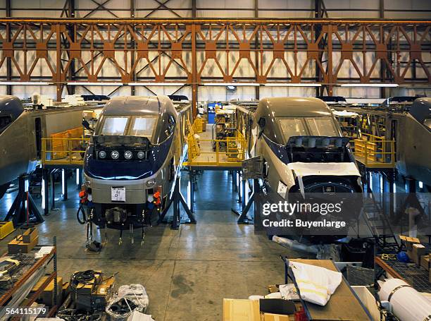 Assembly of the first Amtrak Acela Express high-speed trainsets. Barre, Vermont