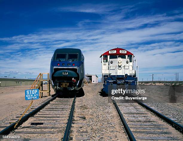 Amtrak new Acela Express trainset, left, at its test site prior to its introduction. Pueblo, Colorado