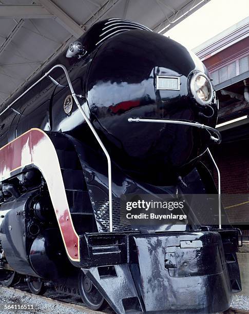 Norfolk and Western Railroad coal-fired 4-8-4 Class J streamlined locomotive, built in Roanoke in 1950, is on display at the Museum of...