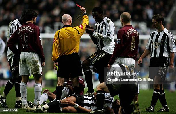 Gilberto of Arsenal is sent off by Referee Dermot Gallagher during the Barclays Premiership match between Newcastle United and Arsenal on December...