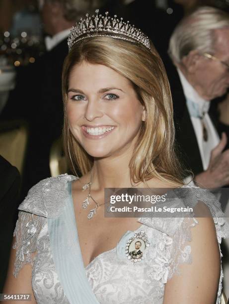 Princess Madeleine of Sweden attends the Nobel Banquet at the Stockholm City Hall on December 10, 2005 in Stockholm, Sweden.