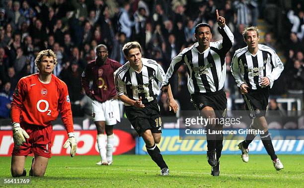 Nolberto Solano of Newcastle celebrates scoring in front of a dejected Jens Lehmann during the Barclays Premiership match between Newcastle United...