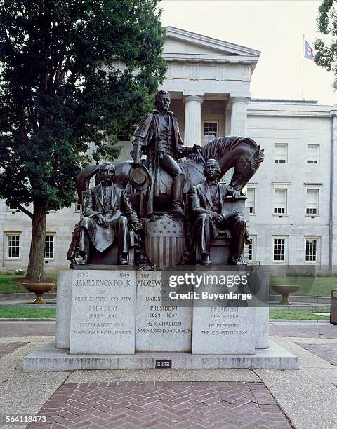 Charles Keck statue honoring three North Carolina-born U.S. Presidents: James K. Polk, Andrew Jackson, and Andrew Johnson, outside the state capitol...