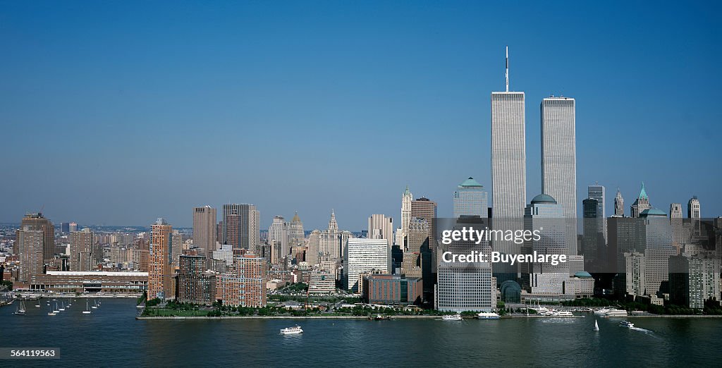 A pristine day looking toward lower Manhattan across the East River, one month before the World Trad