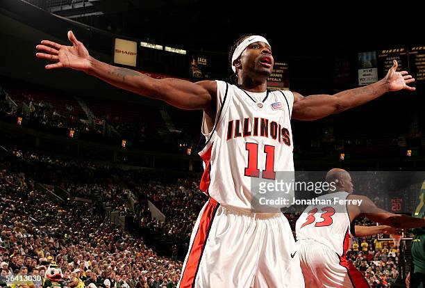Dee Brown of the Illinois Fighting Illini defends the inbounds pass against the Oregon Ducks during the Pape Jam on December 10, 2005 at The Rose...