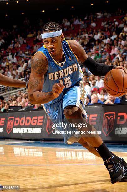 Carmelo Anthony of the Denver Nuggets drives against the Orlando Magic December 10, 2005 at TD Waterhouse Centre in Orlando, Florida. NOTE TO USER:...