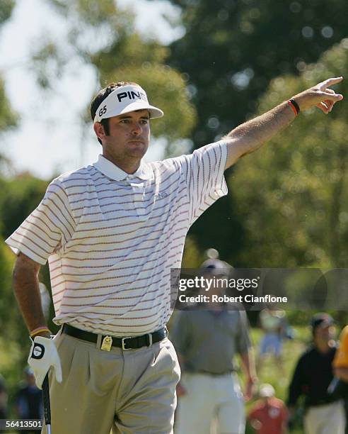 Bubba Watson of the USA points in the direction of his shot during day four of the 2005 MasterCard Masters at the Huntingdale Golf Course December...