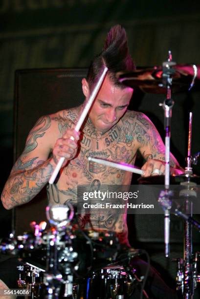 Drummer Travis Barker performs during Playstation BANDtogether, a benefit presented by Sony Computer Enterainment America and the Bruce Willis...