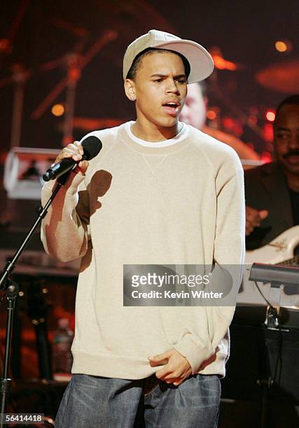 Singer Chris Brown performs at Grammy Jams' celebration of Stevie Wonder at the Orpheum Theater on December 10, 2005 in Los Angeles, California.