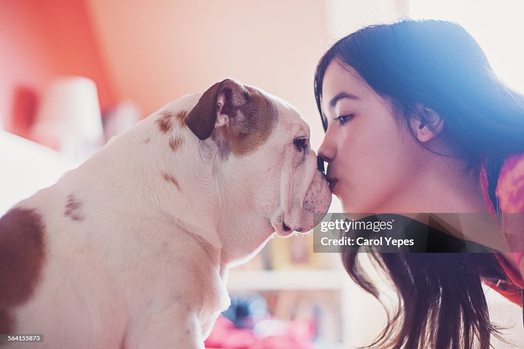 Kissing bulldog puppy