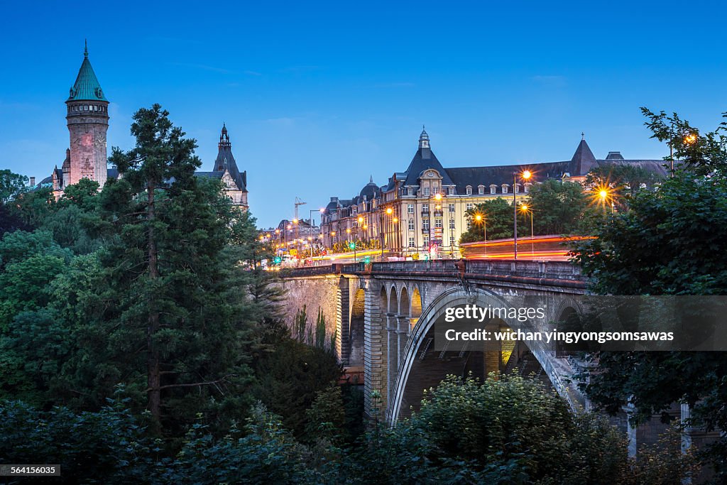 Adolphe bridge at twilight in Luxembourg City