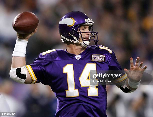 Brad Johnson of the Minnesota Vikings passes against the St. Louis Rams on December 11, 2005 at the Hubert H. Humphrey Metrodome in Minneapolis,...