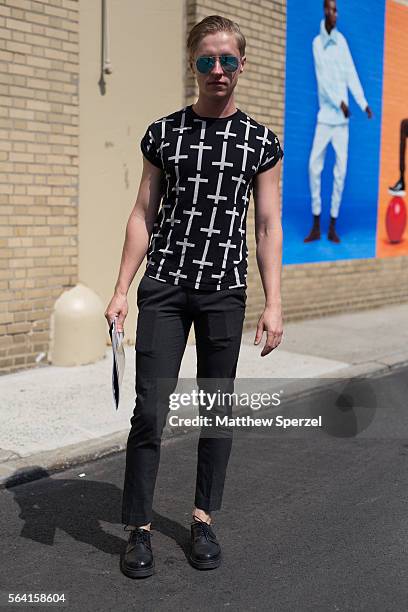 Misha Bandaletov is seen attending the Nick Graham, Kenneth Ning & John Elliott presentations wearing a Topshop outfit during New York Fashion Week...